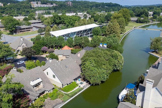 aerial view with a water view and a residential view