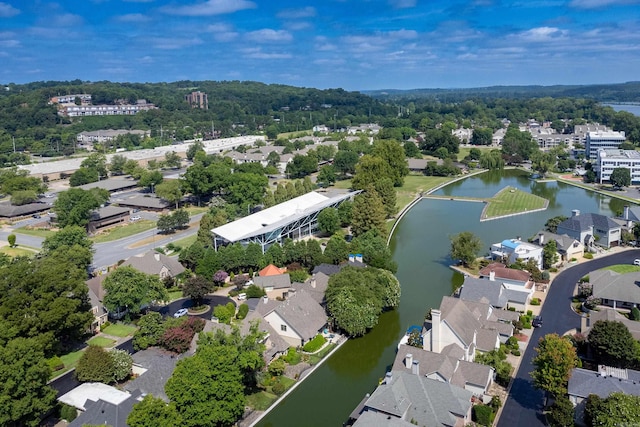 aerial view featuring a water view and a residential view