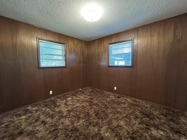 unfurnished room with a wealth of natural light, wooden walls, and a textured ceiling