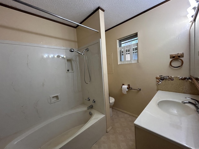 full bathroom with washtub / shower combination, vanity, a textured ceiling, and toilet