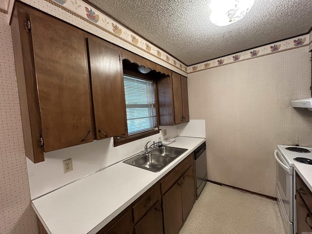 kitchen with white electric range oven, dark brown cabinets, a textured ceiling, sink, and dishwasher