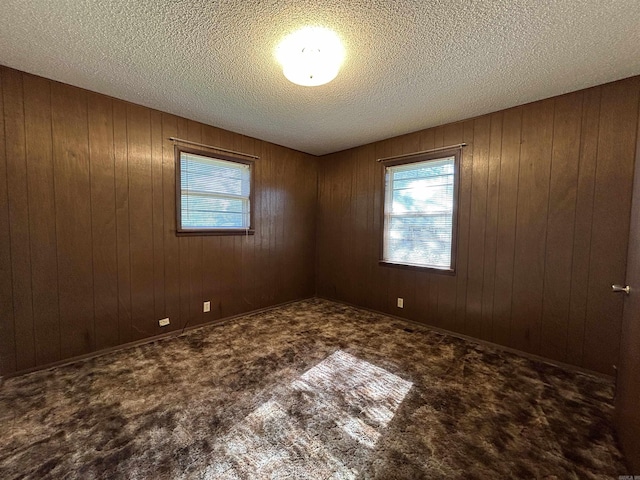 carpeted empty room featuring wood walls and a textured ceiling