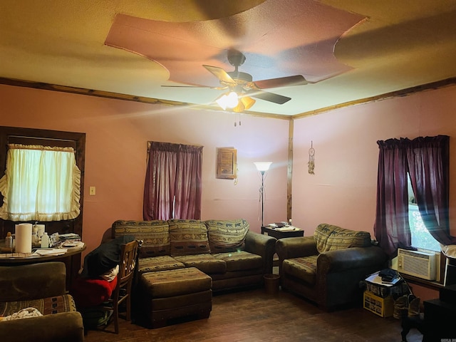 living room with ceiling fan, cooling unit, dark hardwood / wood-style floors, and ornamental molding