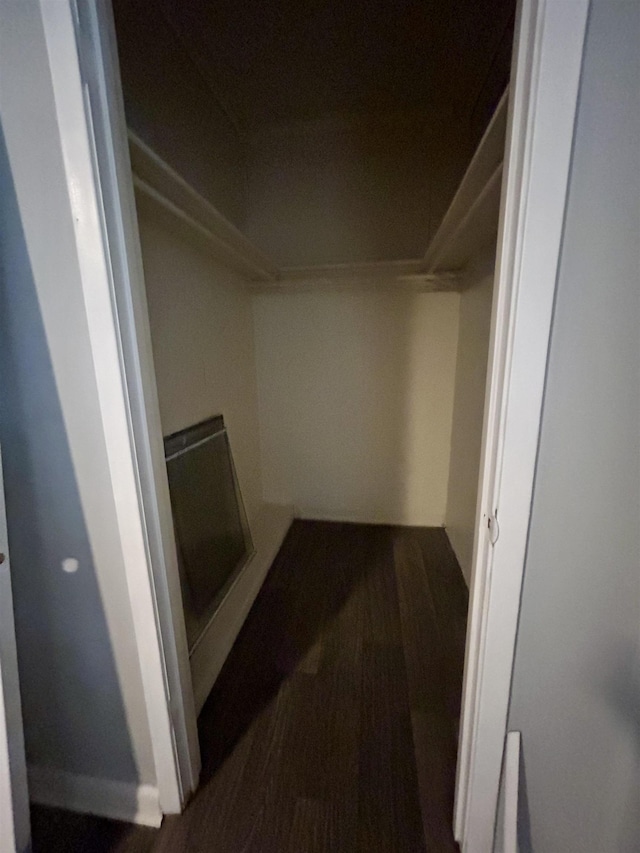 walk in closet with dark hardwood / wood-style floors