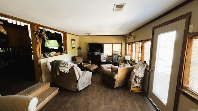 living room with crown molding and hardwood / wood-style floors