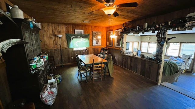 dining space featuring wood-type flooring, wooden walls, ceiling fan, and wood ceiling