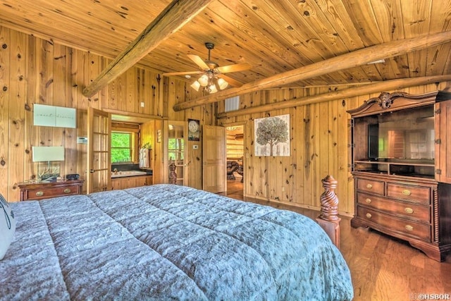 bedroom with hardwood / wood-style floors, vaulted ceiling with beams, wood ceiling, and wooden walls