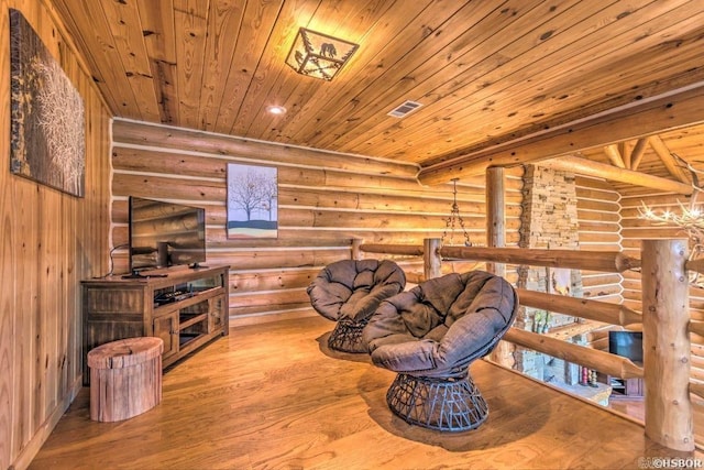 sitting room with rustic walls, wooden ceiling, and wood-type flooring