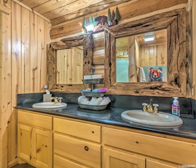 bathroom featuring vanity, wooden ceiling, and wooden walls