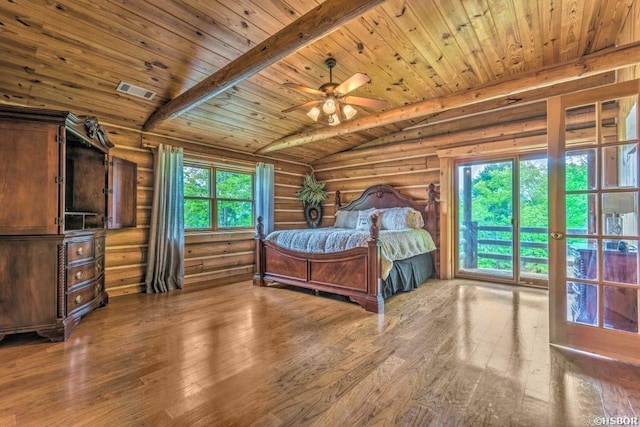 bedroom featuring ceiling fan, log walls, wooden ceiling, hardwood / wood-style floors, and access to outside