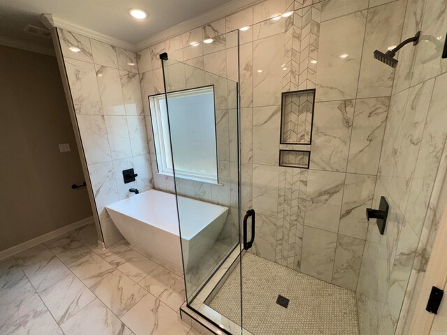 bathroom with shower with separate bathtub and crown molding