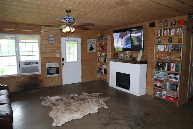 unfurnished living room with cooling unit, wooden ceiling, wooden walls, and heating unit