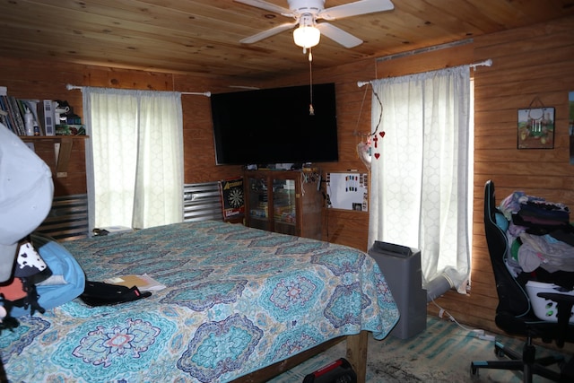 bedroom featuring ceiling fan, wooden ceiling, and wooden walls