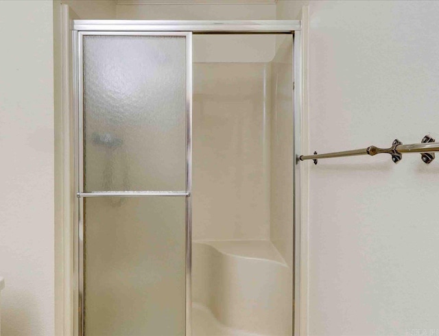 bathroom with a shower with shower door