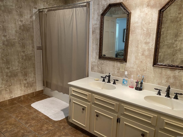 bathroom with vanity and shower / bathtub combination with curtain