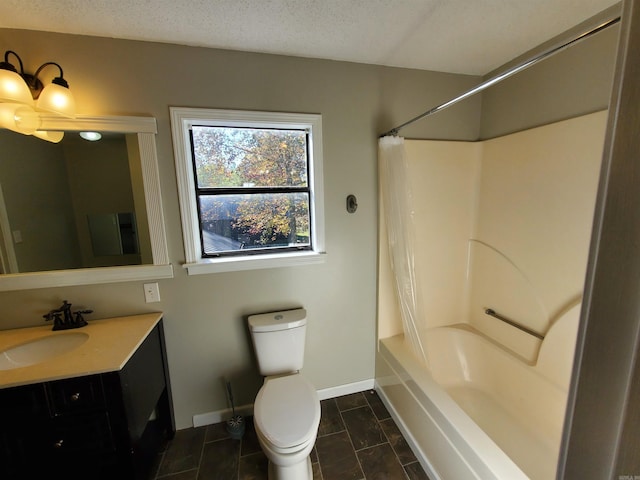 full bathroom with vanity, shower / bath combination, a textured ceiling, and toilet