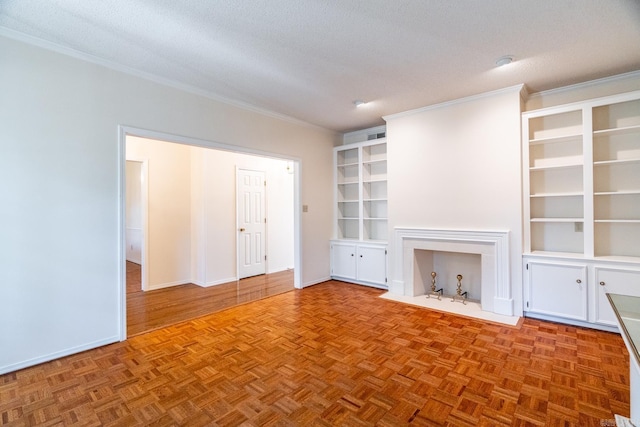 unfurnished living room with crown molding, light parquet floors, and a textured ceiling