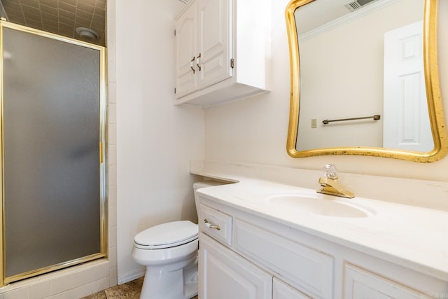 bathroom with vanity, toilet, an enclosed shower, and ornamental molding