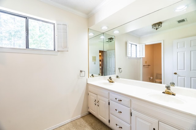 bathroom with vanity, toilet, and crown molding