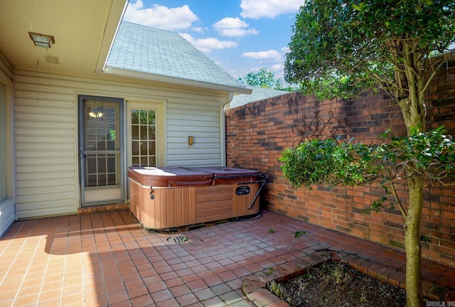 view of patio featuring a hot tub