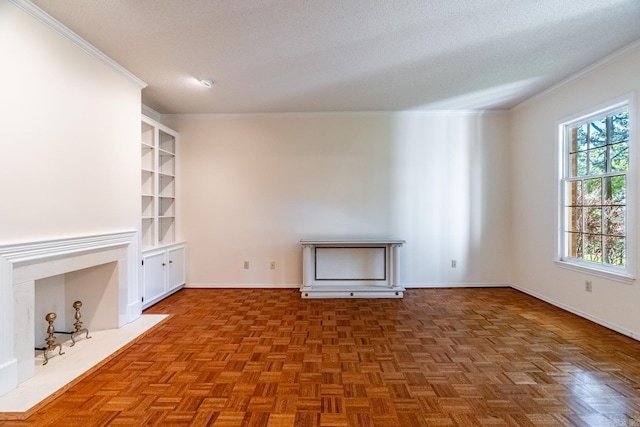 unfurnished living room featuring crown molding, a textured ceiling, and parquet flooring