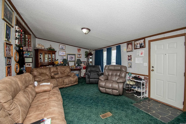 living room featuring carpet flooring, crown molding, a textured ceiling, and vaulted ceiling