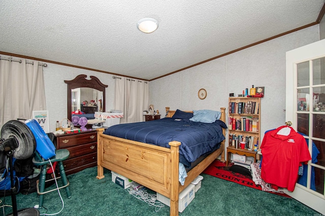 carpeted bedroom with crown molding and a textured ceiling