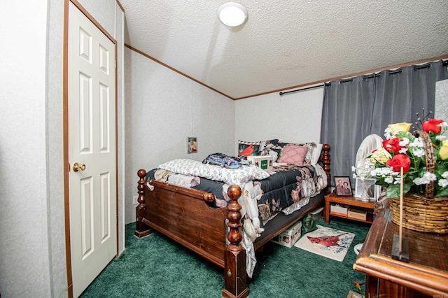 bedroom featuring dark colored carpet, a textured ceiling, and ornamental molding