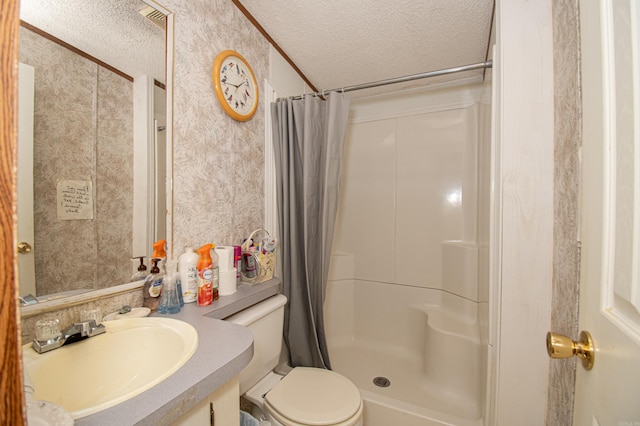 bathroom with a shower with shower curtain, vanity, toilet, and a textured ceiling