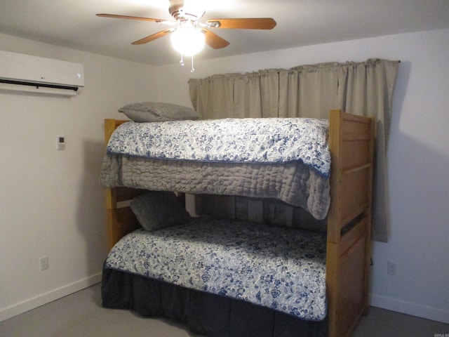 bedroom featuring ceiling fan, carpet, and a wall mounted air conditioner