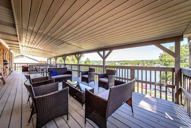 wooden deck featuring an outdoor living space