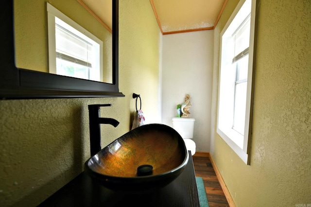 interior space with a sink, toilet, wood finished floors, and a textured wall