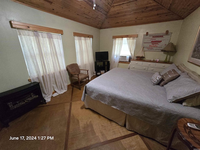 bedroom with cooling unit, lofted ceiling, and wooden ceiling