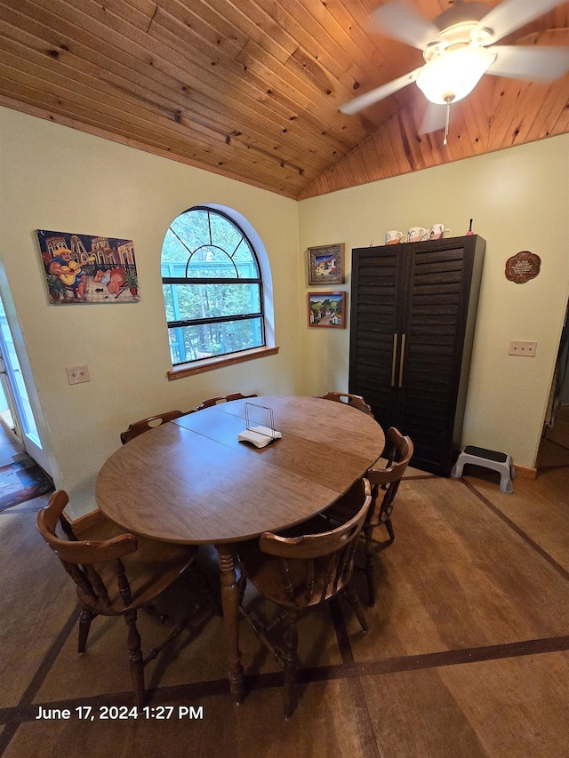 dining area with wood ceiling, ceiling fan, and vaulted ceiling