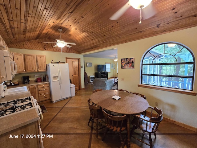 dining area featuring wood ceiling, ceiling fan, lofted ceiling, and sink