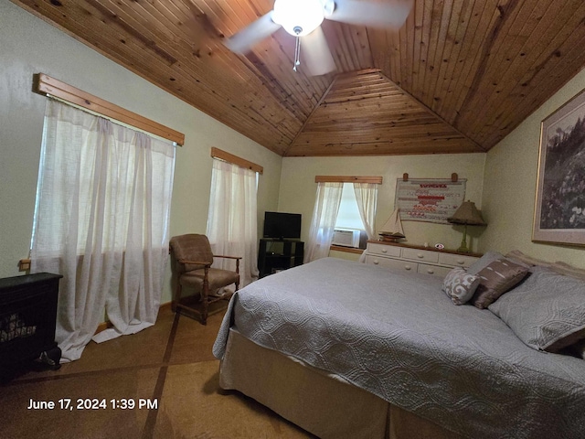 bedroom featuring vaulted ceiling, cooling unit, wooden ceiling, and ceiling fan