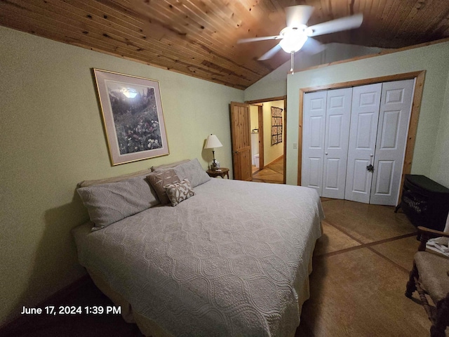 bedroom featuring ceiling fan, lofted ceiling, and wooden ceiling