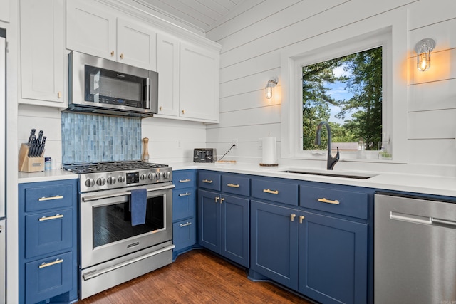 kitchen featuring blue cabinets, stainless steel appliances, sink, and dark wood-type flooring