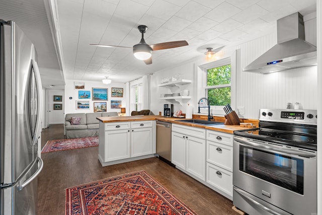 kitchen with wall chimney range hood, dark hardwood / wood-style flooring, appliances with stainless steel finishes, sink, and ceiling fan