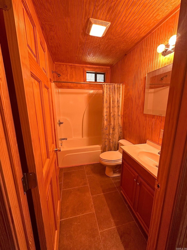 full bathroom featuring shower / tub combo, vanity, wooden ceiling, toilet, and wood walls