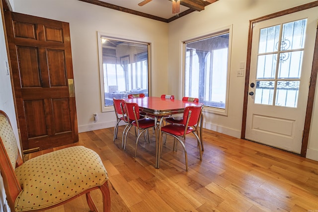 dining area featuring crown molding, hardwood / wood-style flooring, and ceiling fan