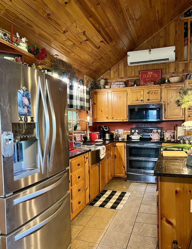 kitchen featuring stainless steel refrigerator with ice dispenser, light tile patterned flooring, a wall mounted AC, vaulted ceiling, and range with two ovens