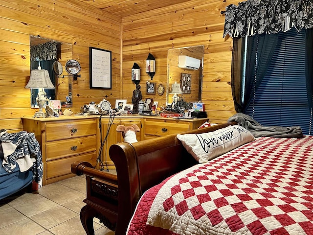 bedroom with light tile patterned flooring and wood walls