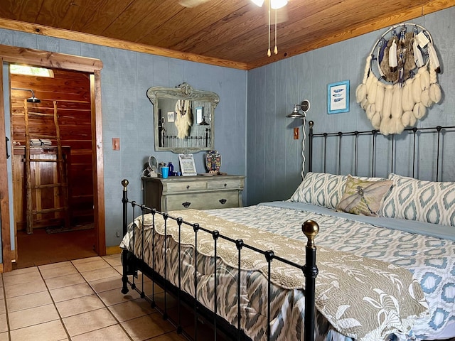 tiled bedroom featuring wooden ceiling