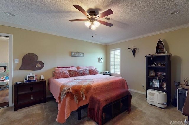 carpeted bedroom with a textured ceiling, ceiling fan, and crown molding