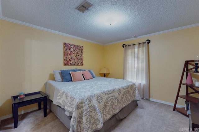 bedroom with a textured ceiling, light colored carpet, and ornamental molding
