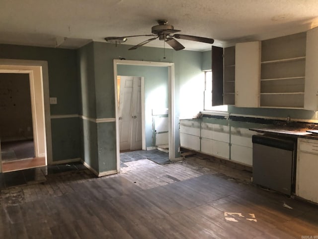 kitchen with ceiling fan, dishwasher, hardwood / wood-style floors, and white cabinetry