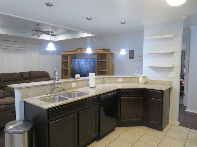 kitchen featuring light stone countertops, ceiling fan, dishwasher, hanging light fixtures, and sink