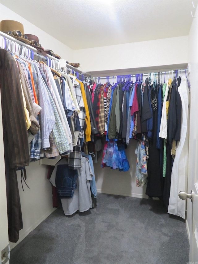 walk in closet featuring dark colored carpet