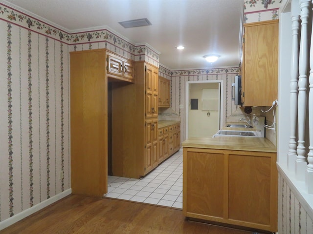 kitchen with sink, light hardwood / wood-style flooring, and ornamental molding